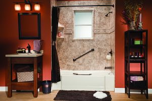 Bath/Shower Combo - River Rock Smooth Walls, Window Kit Listello Trim, and Biscuit Classic Bath