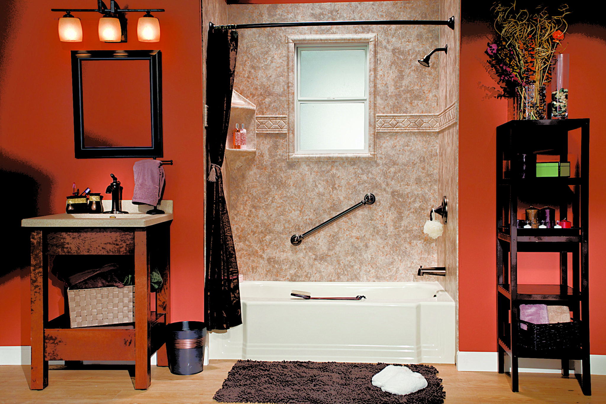 Bath/Shower Combo - River Rock Smooth Walls, Window Kit Listello Trim, and Biscuit Classic Bath