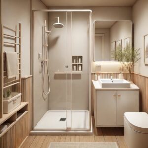 A practical bathroom with an acrylic shower, basic vanity, and ample storage space. This shows a clean and functional bathroom design with neutral tones, suitable for a middle-of-the-road budget. 