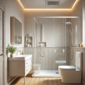 A simple, functional bathroom with an acrylic shower, basic vanity, and practical storage solutions. This image emphasizes clean, neutral design with everyday materials, focusing on practicality within a modest budget.