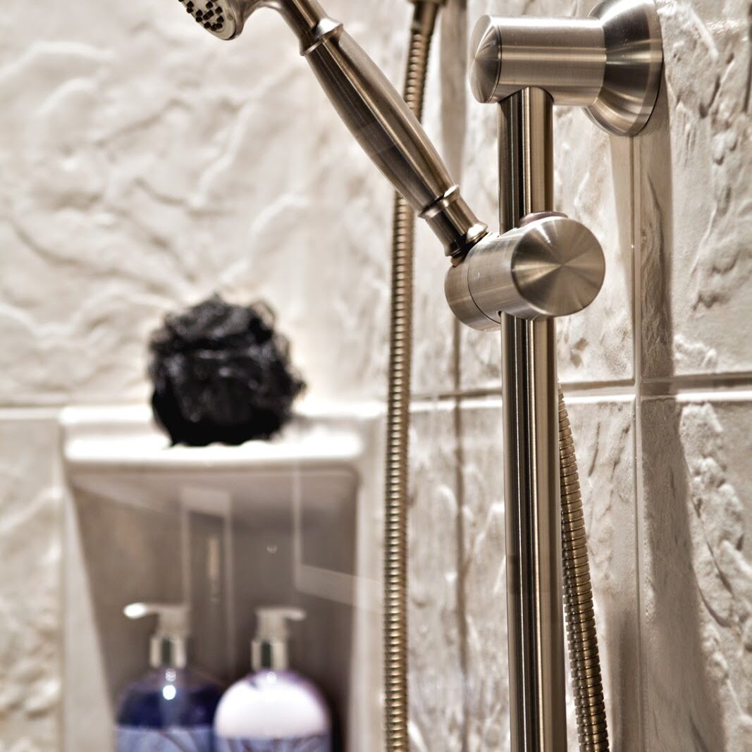 12x12 White Slate Tile Wall, 2 Shelf Rectangular Soap Dish and Standalone Brushed Nickel Pole Mounted Shower Head